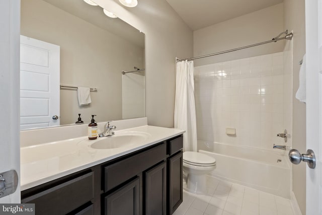 full bath featuring vanity, toilet, shower / bath combo with shower curtain, and tile patterned flooring