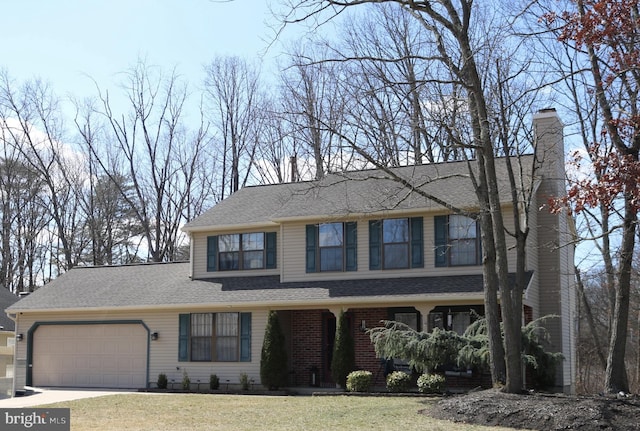 traditional-style house featuring a front lawn, concrete driveway, a shingled roof, a garage, and a chimney