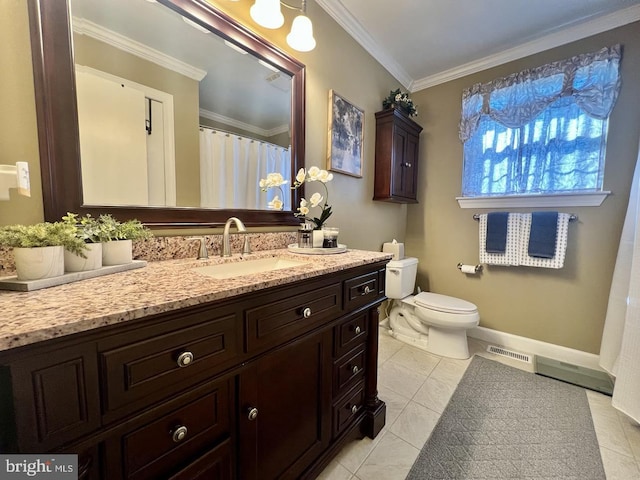 full bathroom featuring vanity, visible vents, baseboards, ornamental molding, and toilet