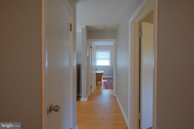 hall featuring baseboards and light wood-style flooring