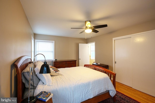 bedroom with wood finished floors and a ceiling fan