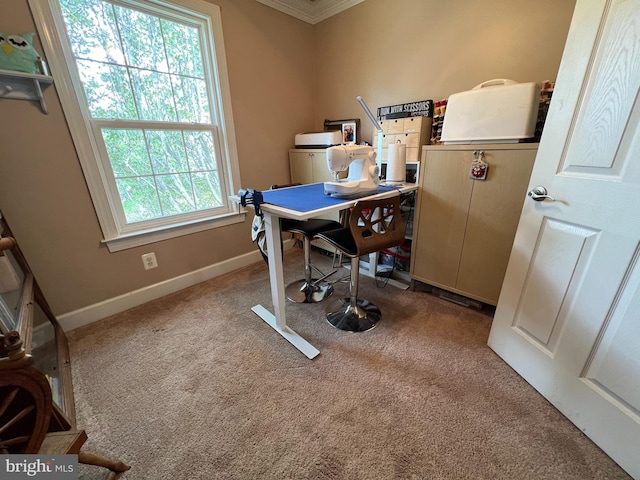 carpeted office space featuring baseboards