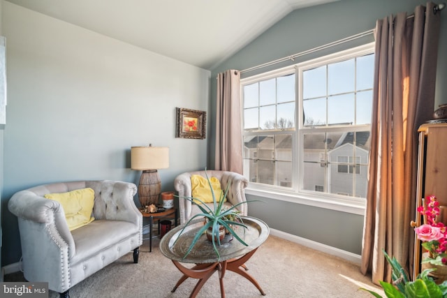 sitting room featuring baseboards, carpet, and vaulted ceiling