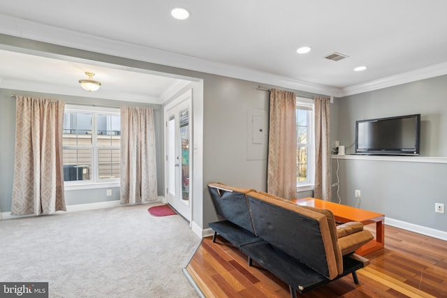 carpeted living area featuring visible vents, baseboards, and ornamental molding