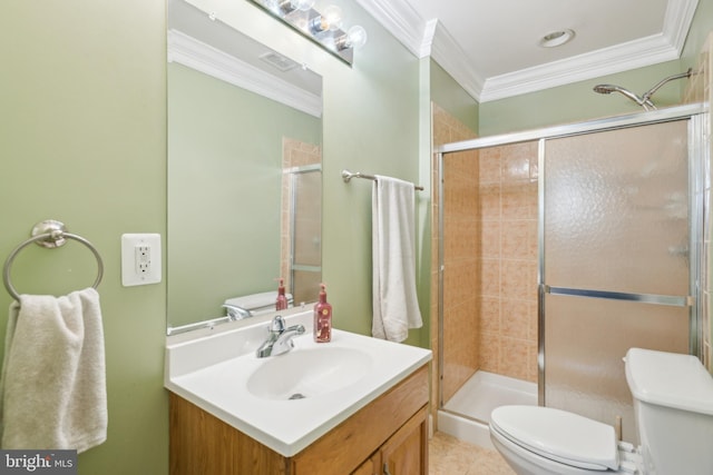 full bathroom featuring vanity, visible vents, a stall shower, ornamental molding, and toilet