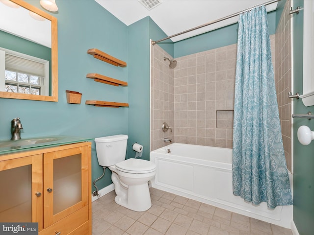 bathroom with tile patterned flooring, visible vents, toilet, shower / tub combo, and vanity