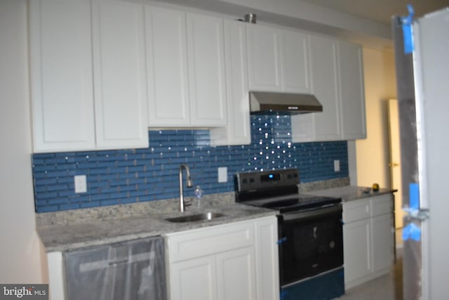 kitchen with black range with electric cooktop, under cabinet range hood, a sink, stainless steel dishwasher, and tasteful backsplash