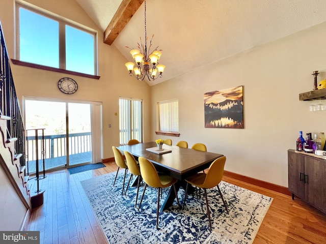 dining space with light wood-type flooring, beam ceiling, a notable chandelier, and baseboards
