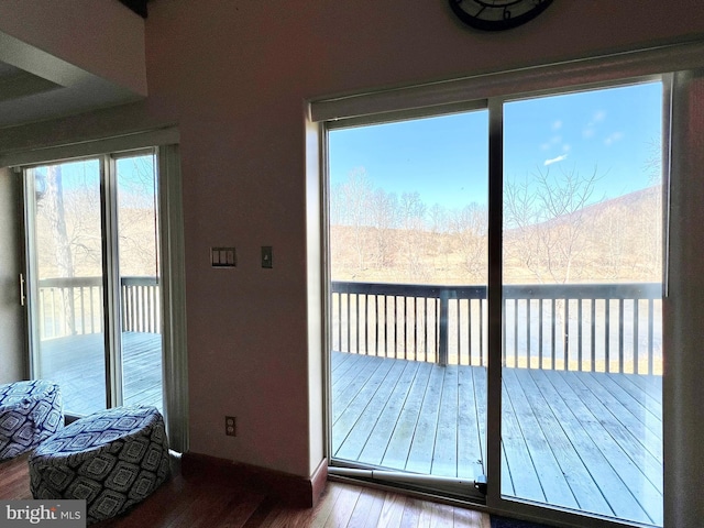 doorway to outside with a healthy amount of sunlight, baseboards, and wood finished floors