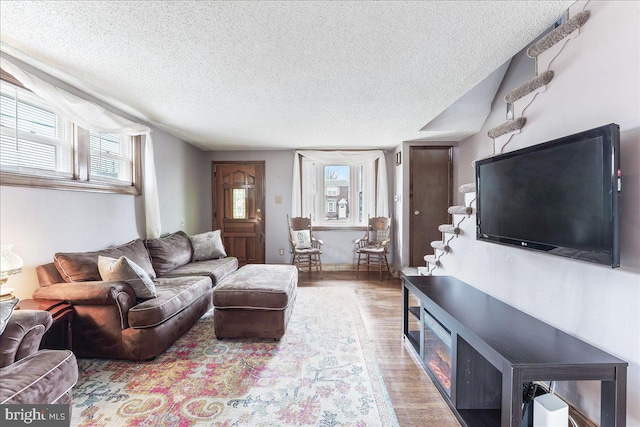 living area with a textured ceiling, wood finished floors, and a healthy amount of sunlight