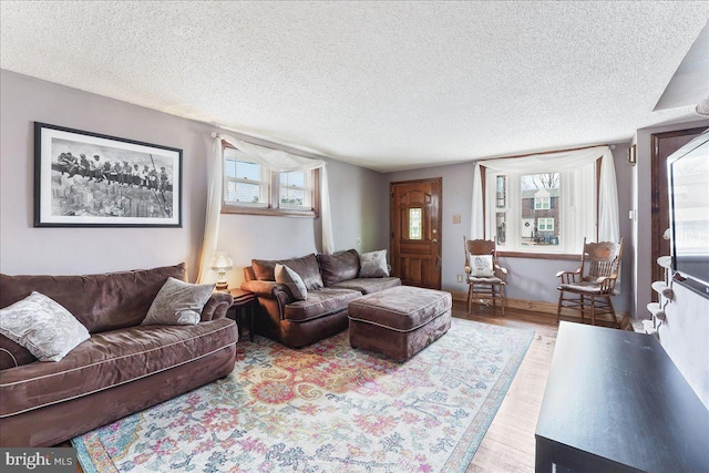 living room with a textured ceiling and wood finished floors