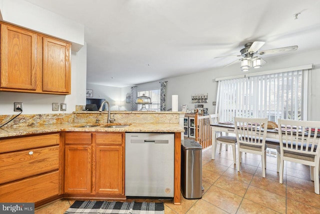 kitchen featuring light tile patterned floors, a ceiling fan, a peninsula, a sink, and stainless steel dishwasher