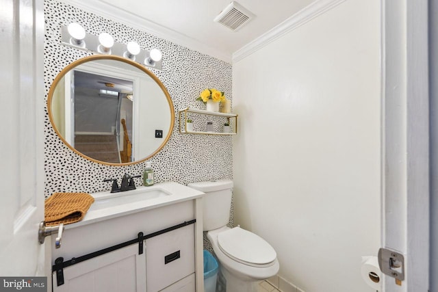 bathroom with visible vents, toilet, ornamental molding, backsplash, and vanity