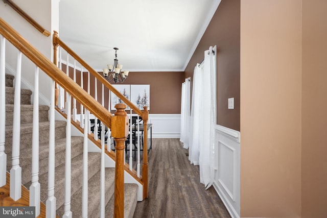 stairway with a notable chandelier, wood finished floors, wainscoting, a decorative wall, and crown molding