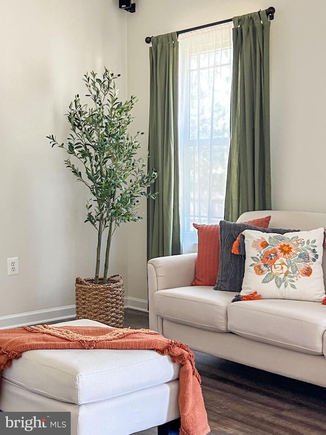 living room with plenty of natural light, baseboards, and wood finished floors