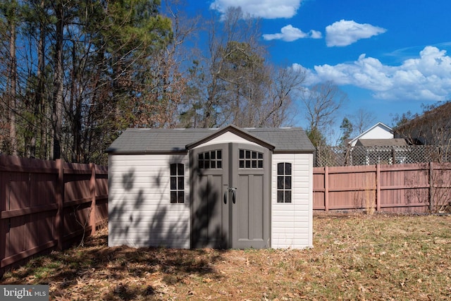 view of shed with a fenced backyard