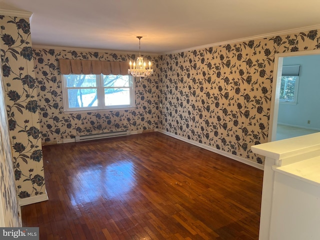 unfurnished room featuring wallpapered walls, crown molding, dark wood-style floors, and a notable chandelier