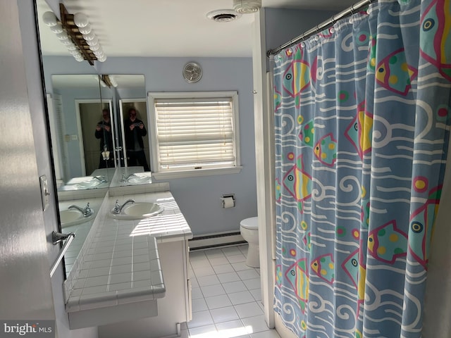 bathroom featuring toilet, a shower with curtain, a baseboard radiator, tile patterned floors, and vanity