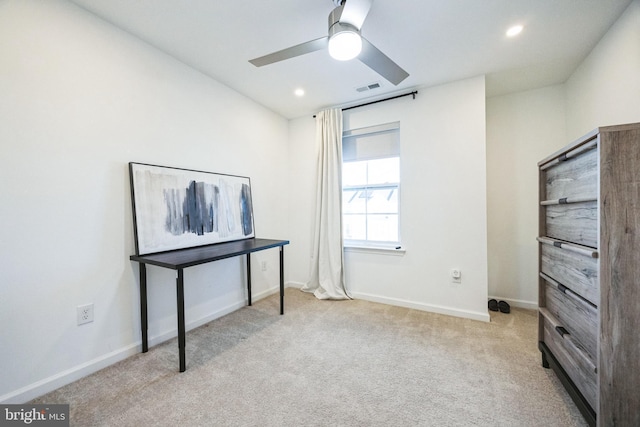 interior space with carpet, visible vents, baseboards, recessed lighting, and ceiling fan