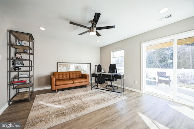 office area with visible vents, recessed lighting, baseboards, and wood finished floors