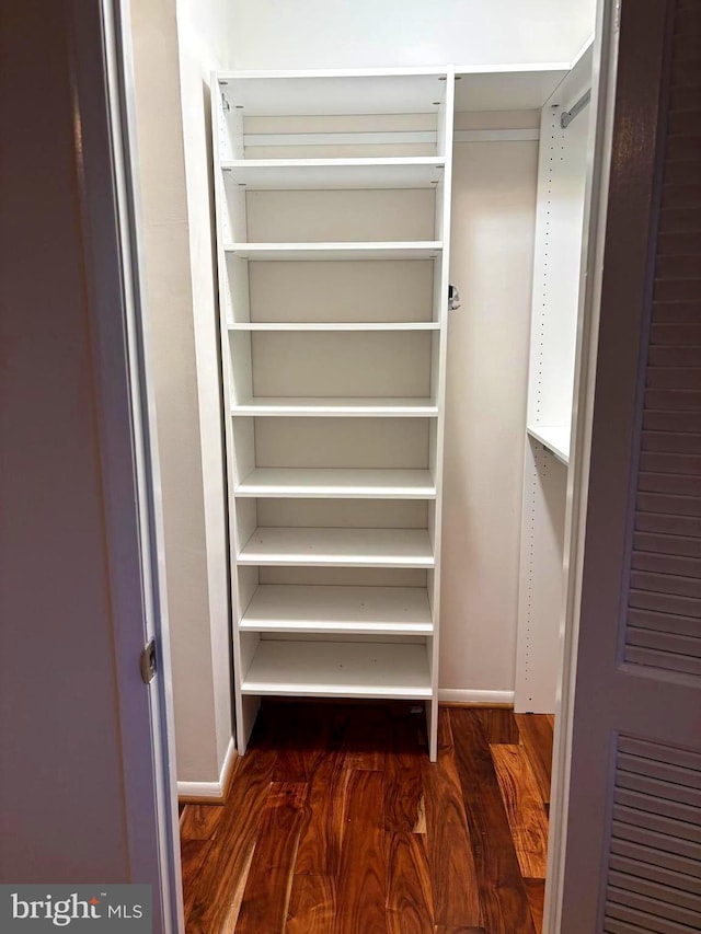 walk in closet with wood finished floors