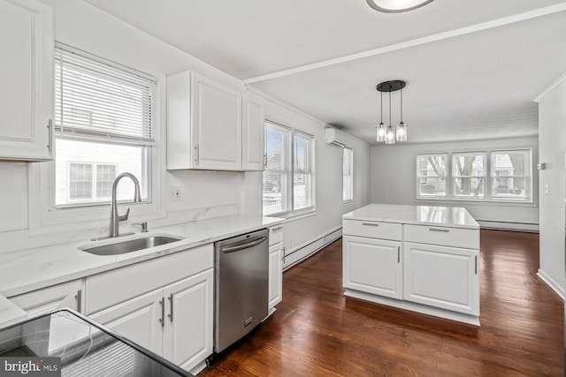 kitchen with stainless steel dishwasher, a baseboard radiator, a wall mounted AC, and a sink