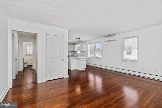 unfurnished living room with a baseboard heating unit, a wall unit AC, crown molding, and dark wood-style floors