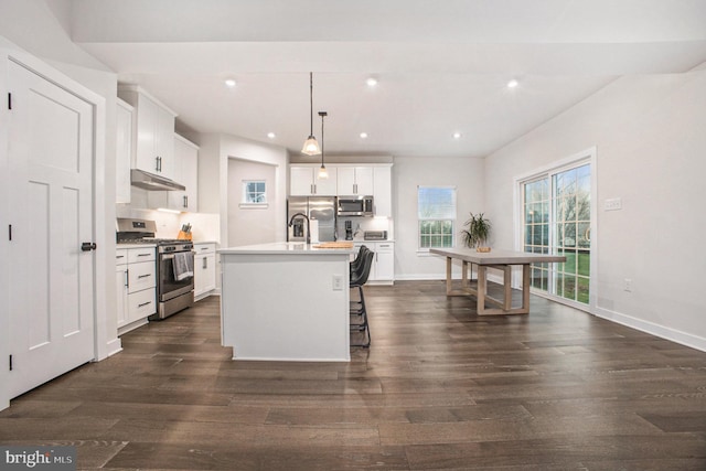 kitchen featuring stainless steel appliances, dark wood-style flooring, under cabinet range hood, and an island with sink