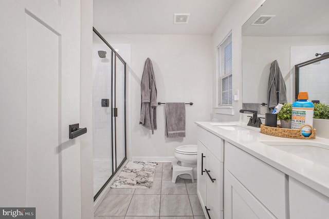 full bathroom with toilet, a sink, visible vents, a shower stall, and double vanity