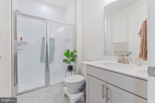 bathroom with a stall shower, tile patterned flooring, vanity, and toilet