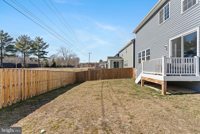 view of yard with a fenced backyard and a wooden deck