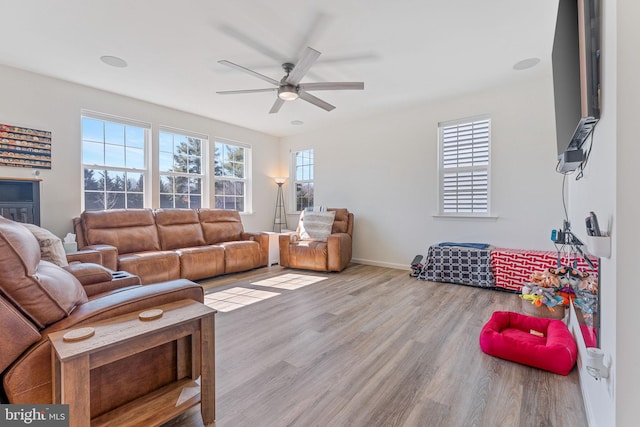 living area featuring a healthy amount of sunlight, ceiling fan, and wood finished floors