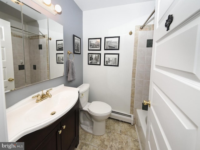 bathroom with shower / bathing tub combination, baseboard heating, vanity, and toilet