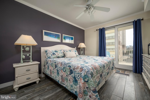 bedroom with access to exterior, dark wood finished floors, baseboards, and ornamental molding