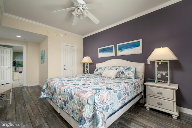 bedroom featuring ceiling fan, baseboards, crown molding, and wood finish floors