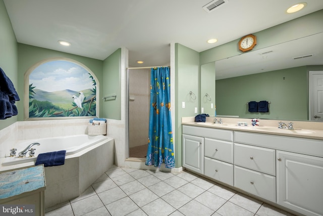 bathroom featuring a shower stall, visible vents, a sink, and tile patterned floors