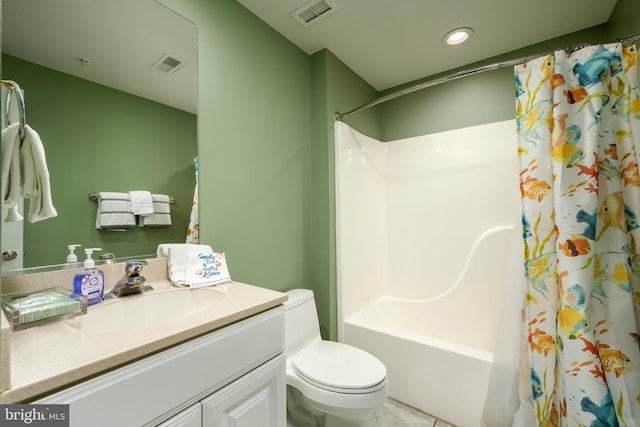 full bathroom featuring shower / bath combination with curtain, visible vents, vanity, and toilet