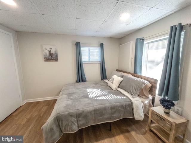 bedroom with a drop ceiling, baseboards, and wood finished floors