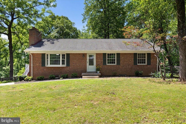 38577 Goose Creek Ln, Leesburg, VA 20175 - single story home featuring a chimney, a front yard, brick siding, and roof with shingles