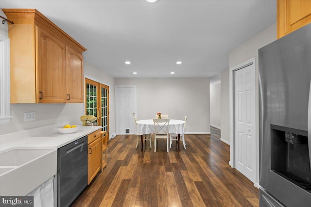 38577 Goose Creek Ln, Leesburg, VA 20175 - kitchen with appliances with stainless steel finishes, dark wood-style flooring, recessed lighting, a sink, and baseboards