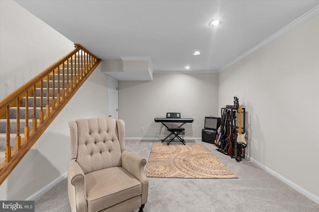 38577 Goose Creek Ln, Leesburg, VA 20175 - sitting room featuring stairway, carpet floors, crown molding, recessed lighting, and baseboards
