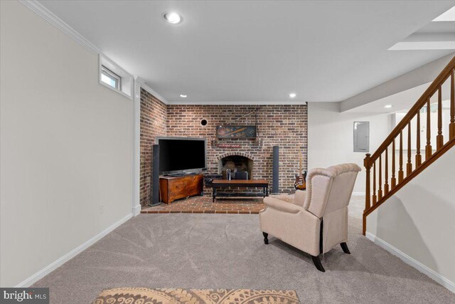 38577 Goose Creek Ln, Leesburg, VA 20175 - living room with recessed lighting, carpet floors, baseboards, stairs, and electric panel