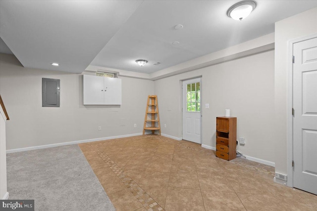 38577 Goose Creek Ln, Leesburg, VA 20175 - below grade area with electric panel, light tile patterned floors, and baseboards