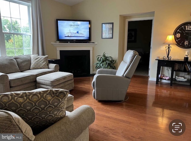 living room with a fireplace, wood finished floors, and baseboards