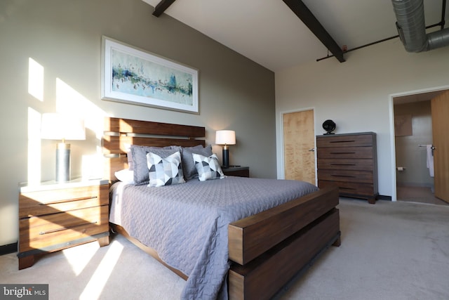 bedroom with beam ceiling, high vaulted ceiling, and carpet flooring