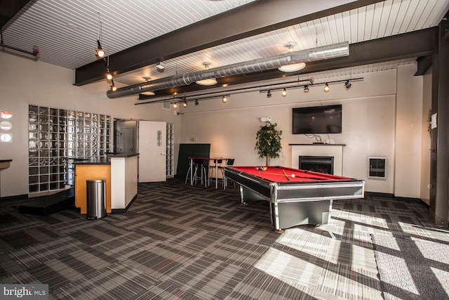 playroom featuring billiards, track lighting, a fireplace, and dark carpet