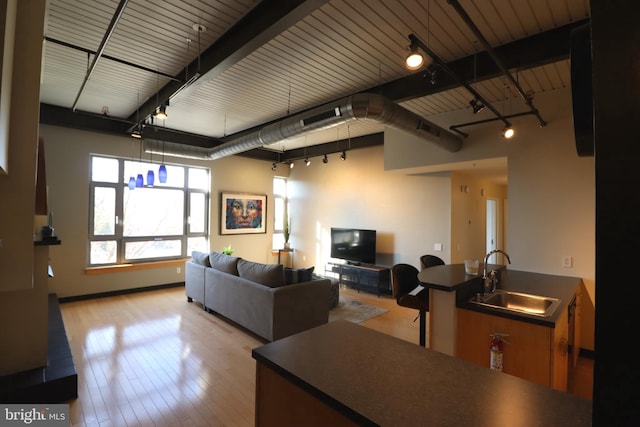 living area with visible vents, wood finished floors, and rail lighting