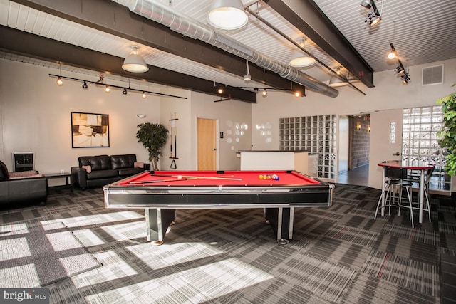 playroom with billiards, carpet flooring, visible vents, and track lighting