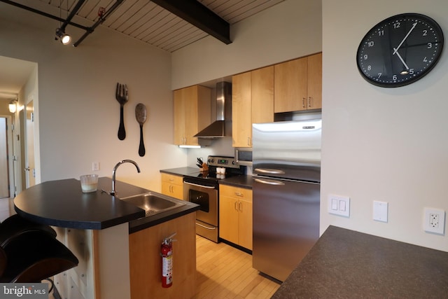 kitchen featuring a sink, dark countertops, appliances with stainless steel finishes, and wall chimney range hood