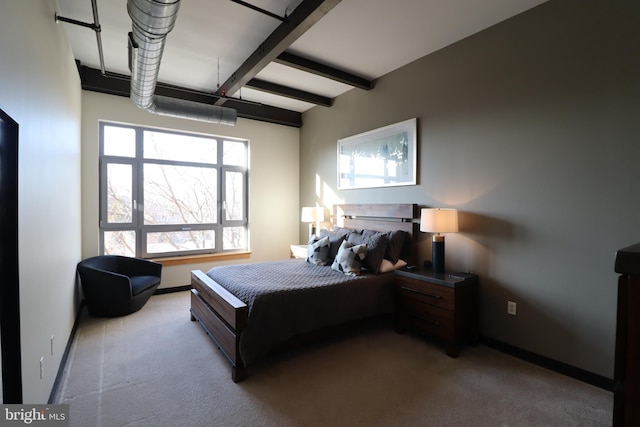 carpeted bedroom featuring beamed ceiling, multiple windows, and baseboards